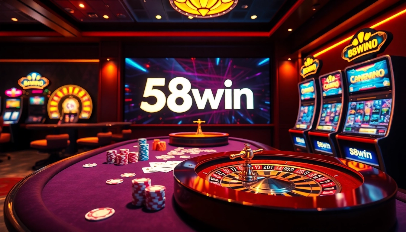 Experience thrilling gameplay at 58win with a vibrant casino setting featuring poker and roulette.