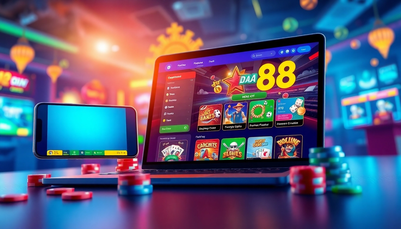 Engaging digital gaming scene featuring DA88 platform interface with vibrant colors.