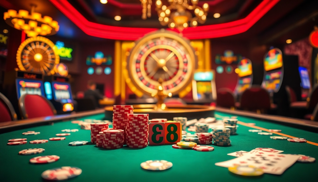 EE88 casino scene showcasing vibrant roulette and poker elements, inviting gamblers to play.