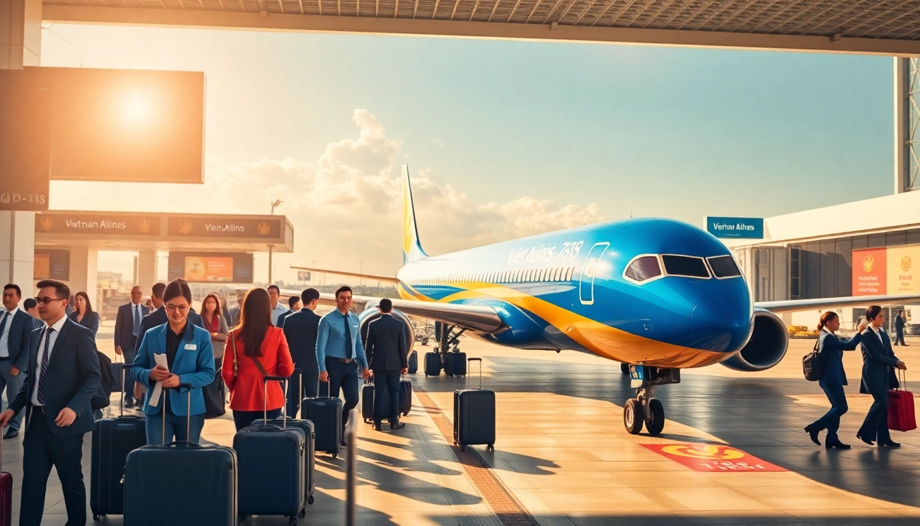 VN168 Vietnam Airlines flight at a busy airport terminal, capturing travel excitement and professionalism.