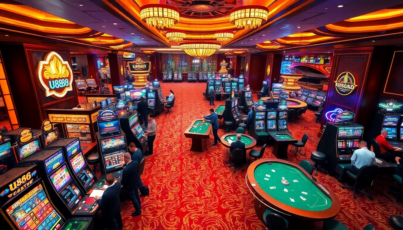 Experience the excitement of U888 with players at modern casino tables and vibrant slot machines.