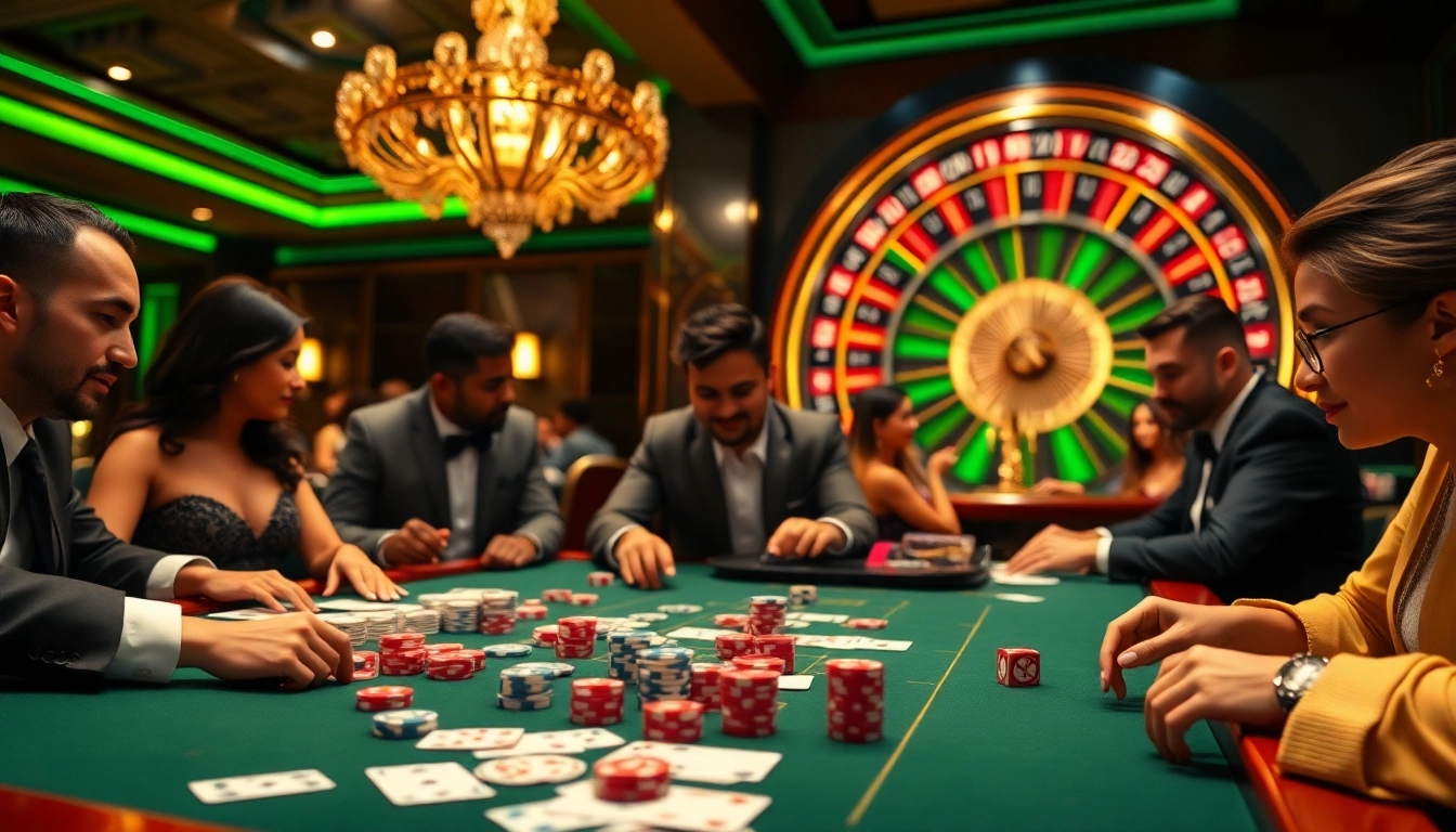 Exciting gaming scene with betting action at nhà cái KK55 casino tables featuring poker chips and roulette.