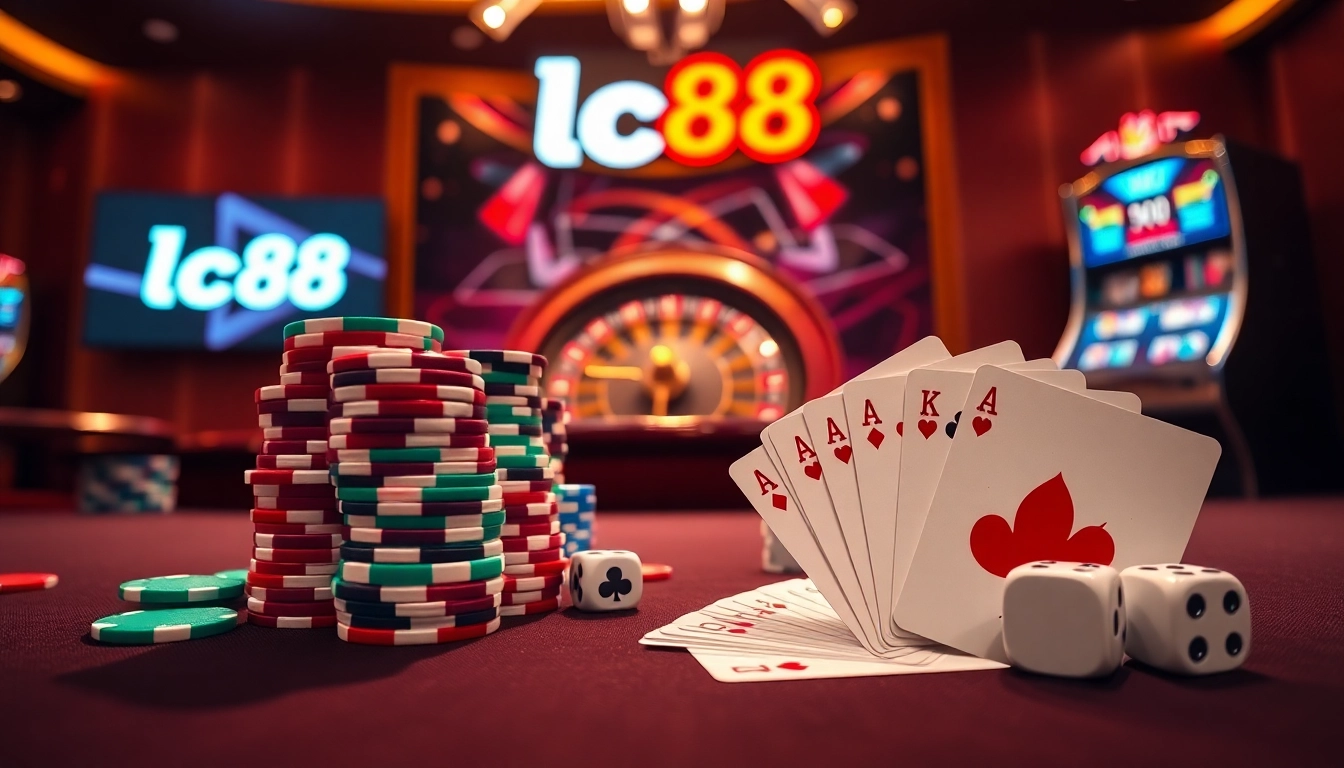 Experience the thrill of gambling at the lc88 casino table, where vibrant poker chips and playing cards create excitement.