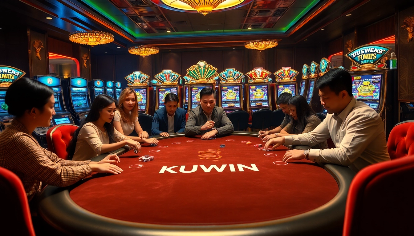 Kuwin poker table with diverse players enjoying vibrant gameplay in a luxurious casino.
