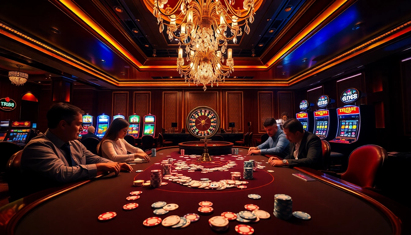 Engaging TR88 poker action with colorful chips and vibrant slot machines in a luxury casino.
