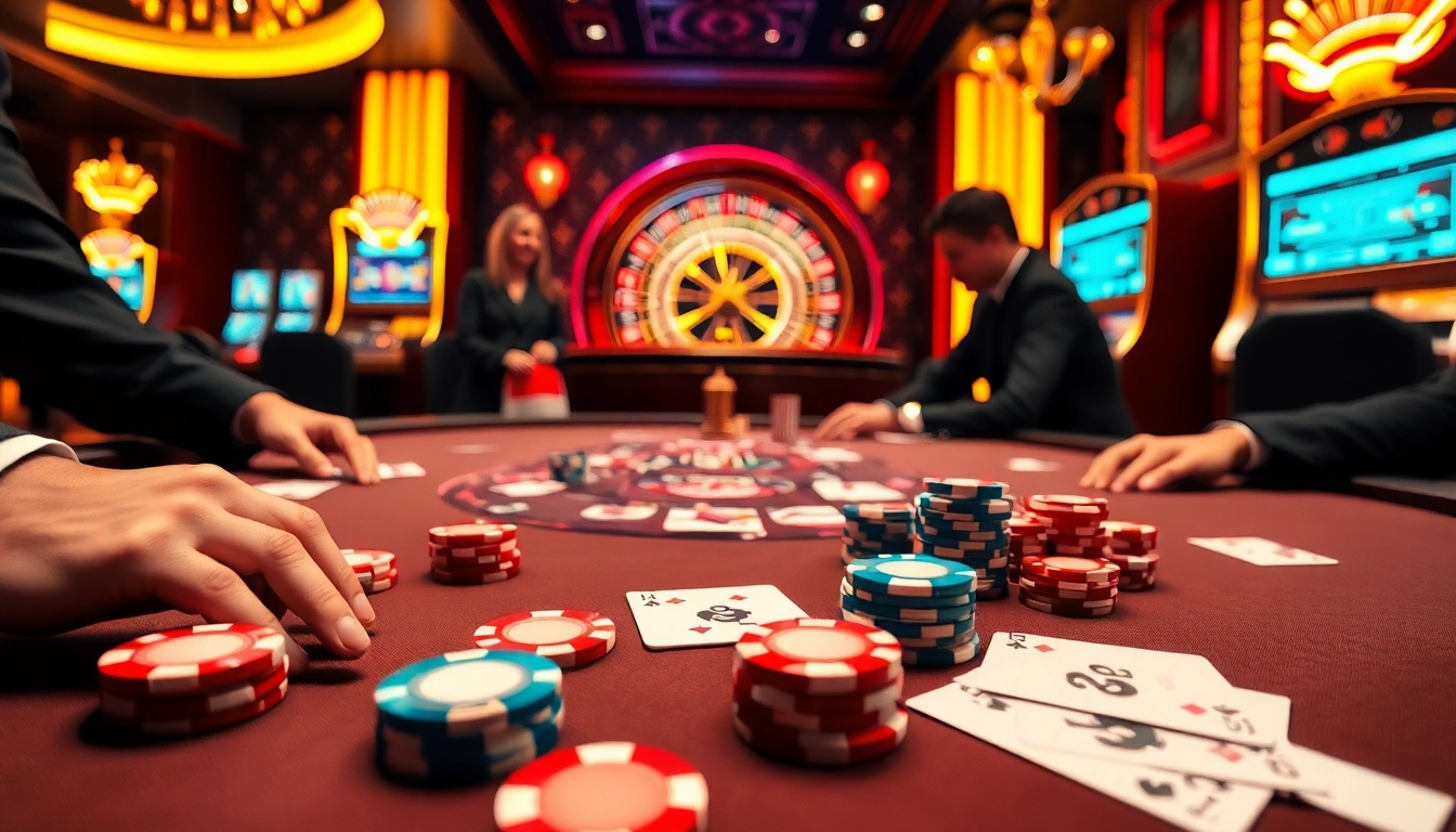 Players enjoying a thrilling poker game at gg 88 casino with vibrant poker chips and cards.
