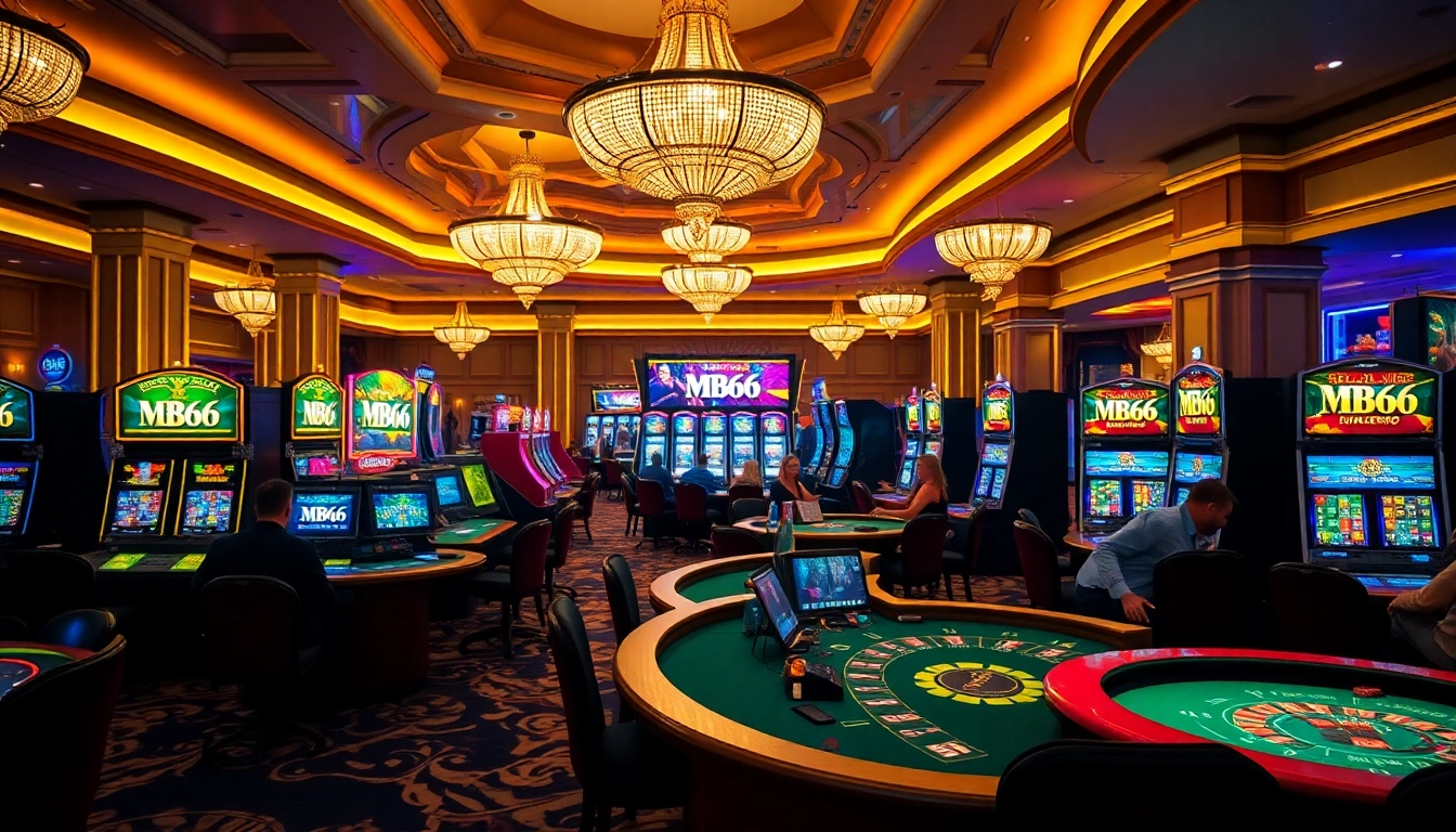 Experience high-stakes gambling at MB66 casino with players strategizing at the tables.
