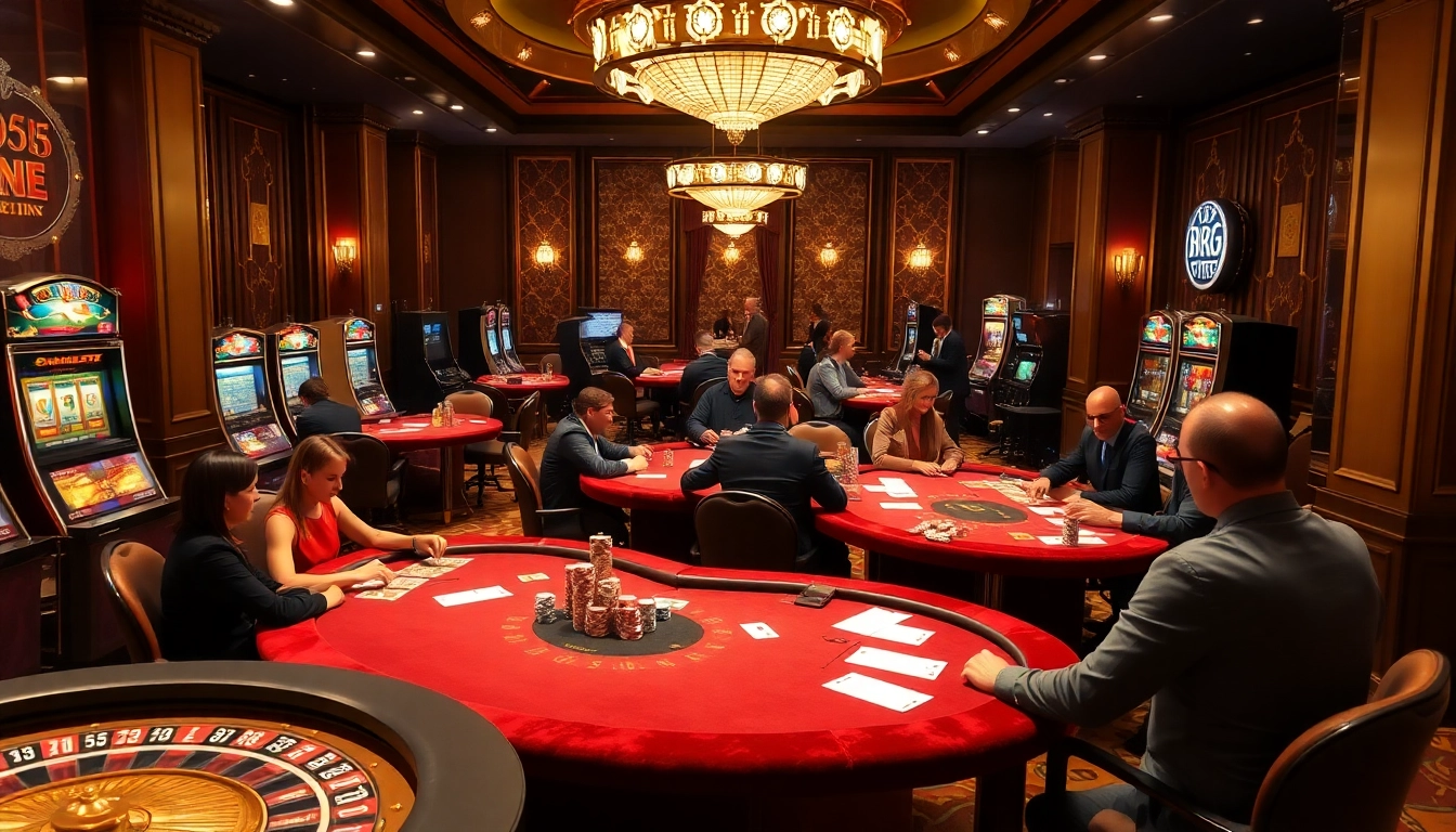 Experience thrilling gameplay at https://rr88.bar/ with an elegant casino scene showcasing players engaged in poker.