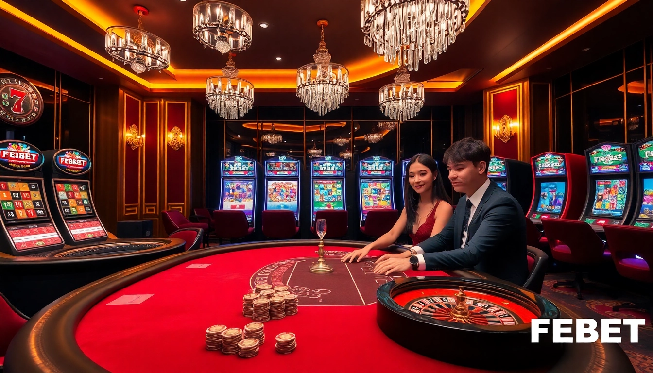 FEBET casino scene showcasing elegant gaming tables and excited players immersed in action.