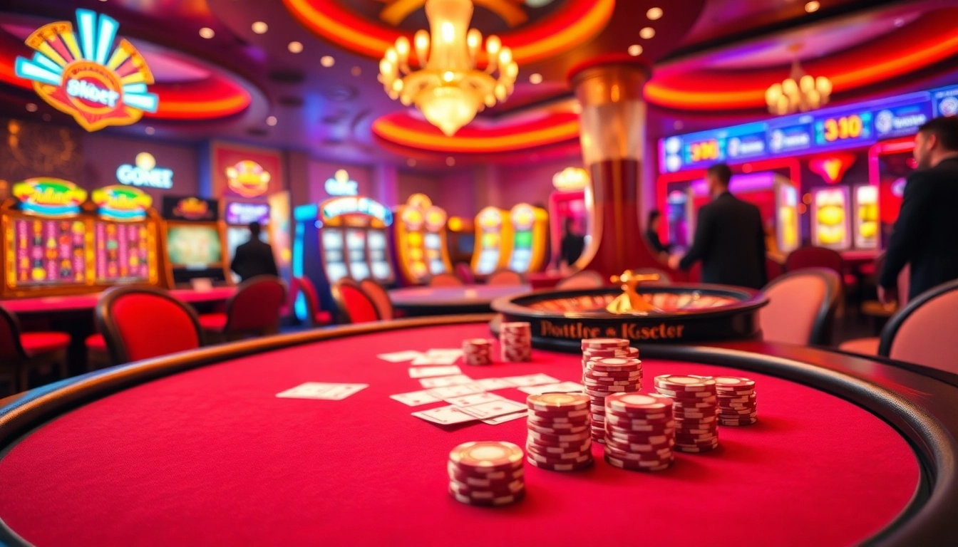 A dynamic gambling scene featuring 8kbet poker gameplay, chips, and luxury casino tables.