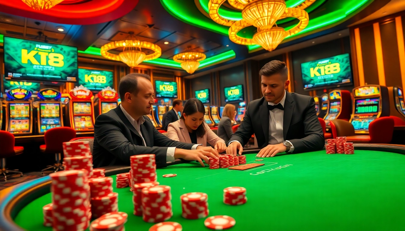 Players engage in a high-stakes poker game with KP 88 branding in a vibrant casino atmosphere.