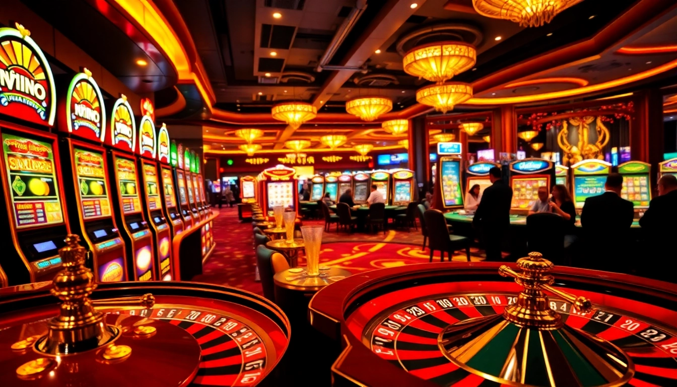 Experience thrilling nổ hũ gameplay in a luxurious casino setting, filled with vibrant slot machines and lively players.