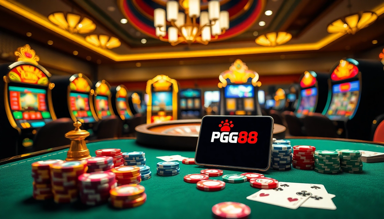 Tải App PG88 logo showcased among luxury casino elements like cards and chips, enhancing the gaming experience.