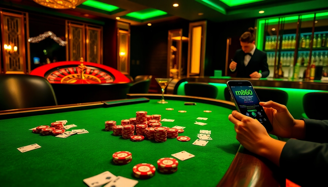 Experience the thrill of mb66.nyc with vibrant casino visuals featuring poker tables and online gaming excitement.