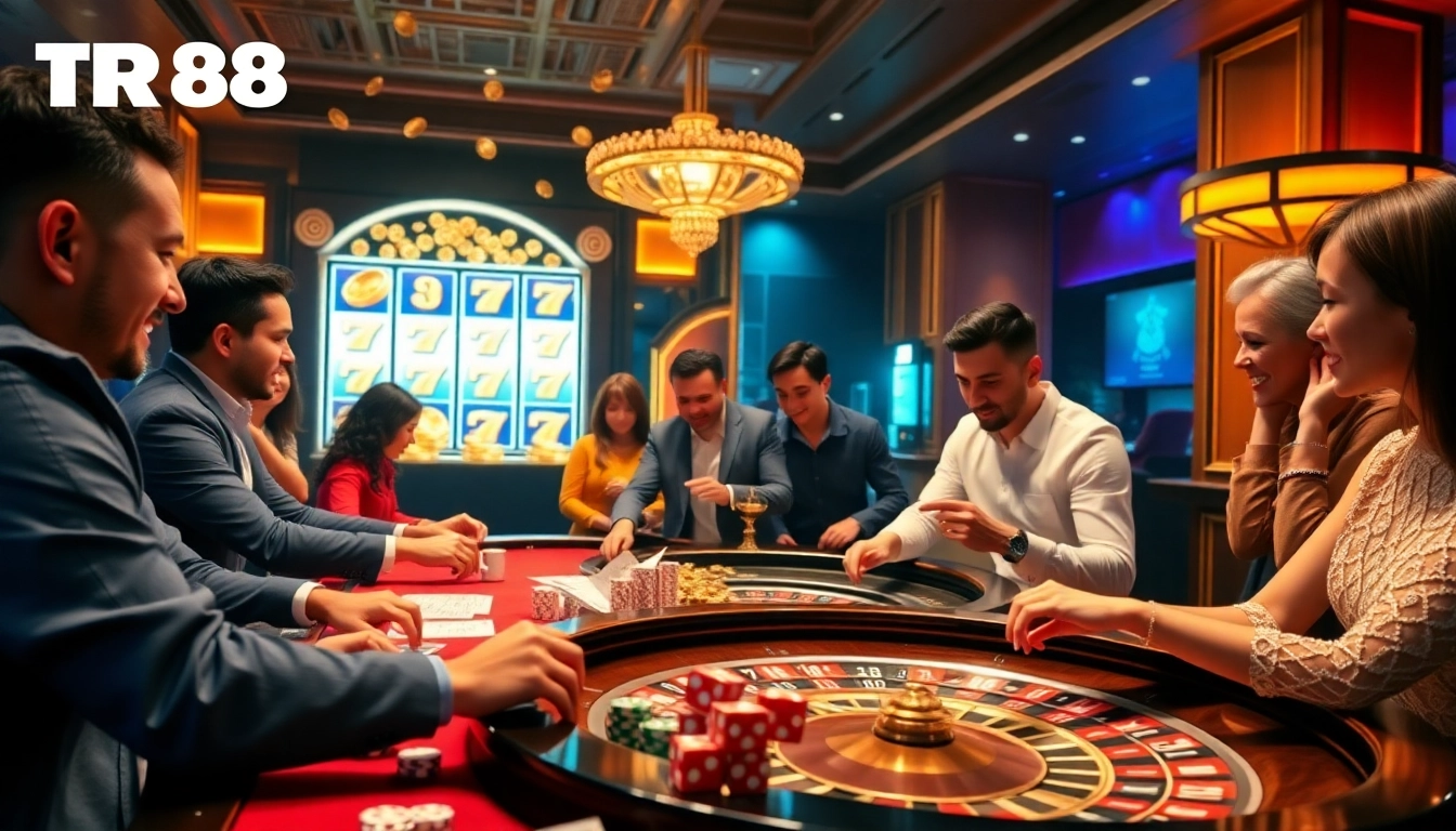 Players winning at the poker table in TR88 online casino, surrounded by vibrant slot machines.