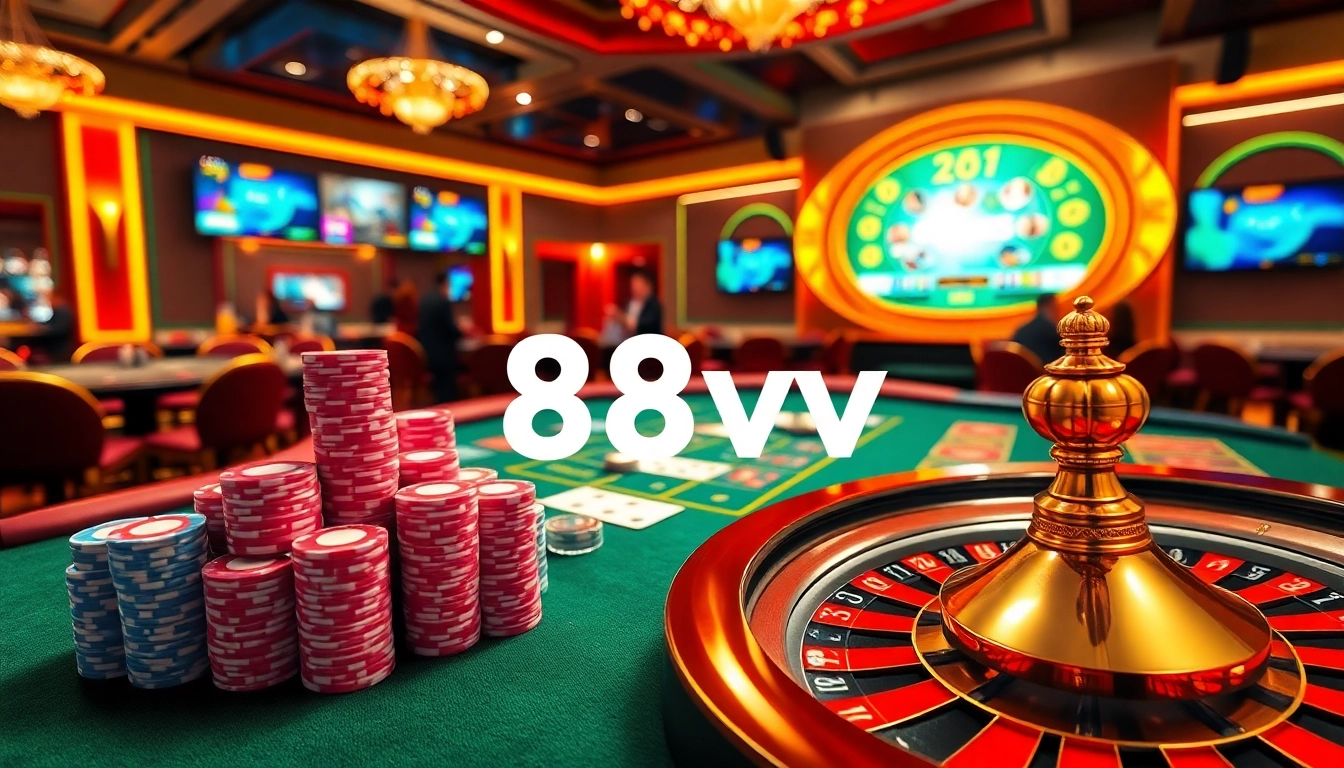 Engaged players enjoying a game at 88vv's vibrant casino table with poker chips and cards.