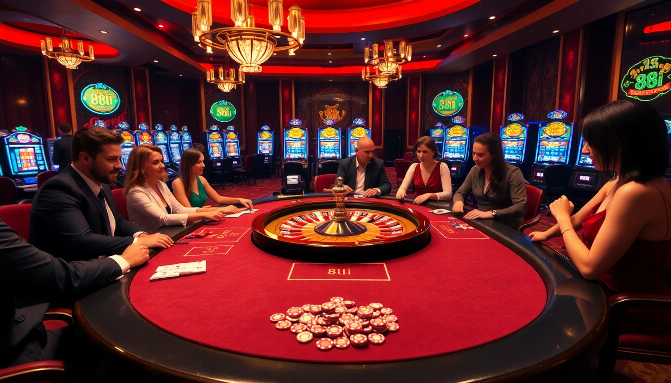 Players at a high-stakes poker game on a casino floor, showcasing excitement and luxury – 88i experience.