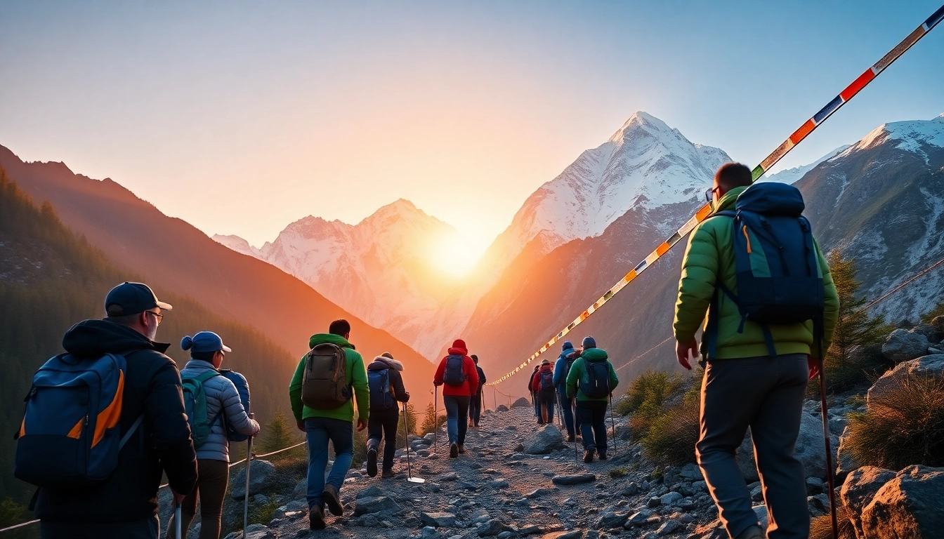 Mount Everest Base Camp trek at sunrise with trekkers on the trail, showcasing a stunning Himalayan landscape.