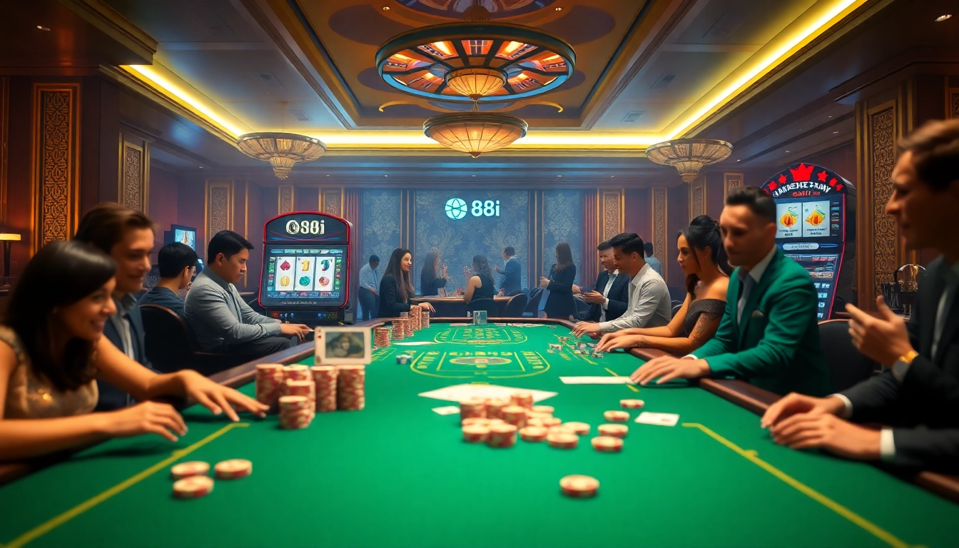 Players enjoying a thrilling game night at the 88i casino with vibrant tables and slot machines.