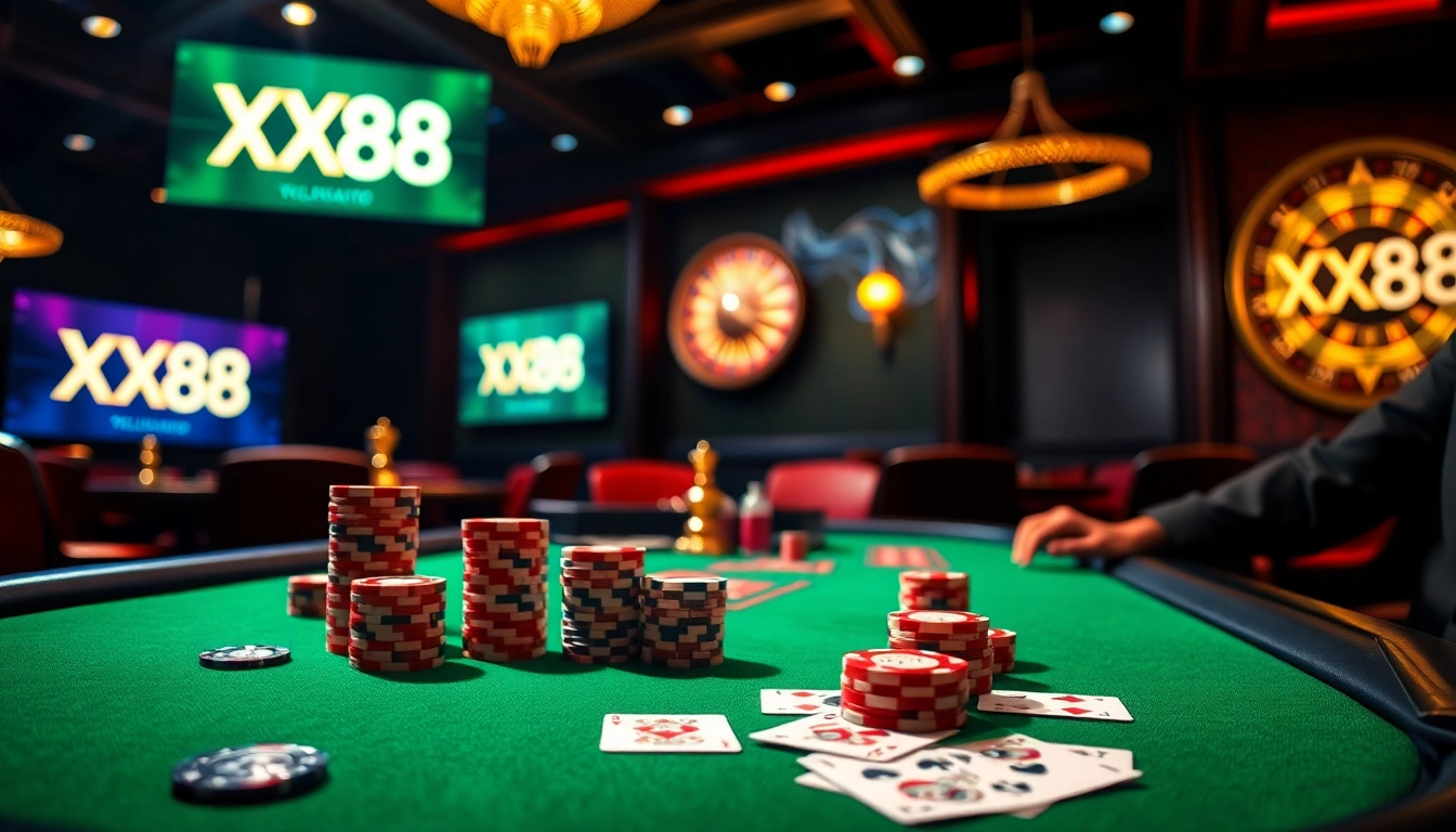 Exciting poker action at the XX88 casino with vibrant chips and cards.