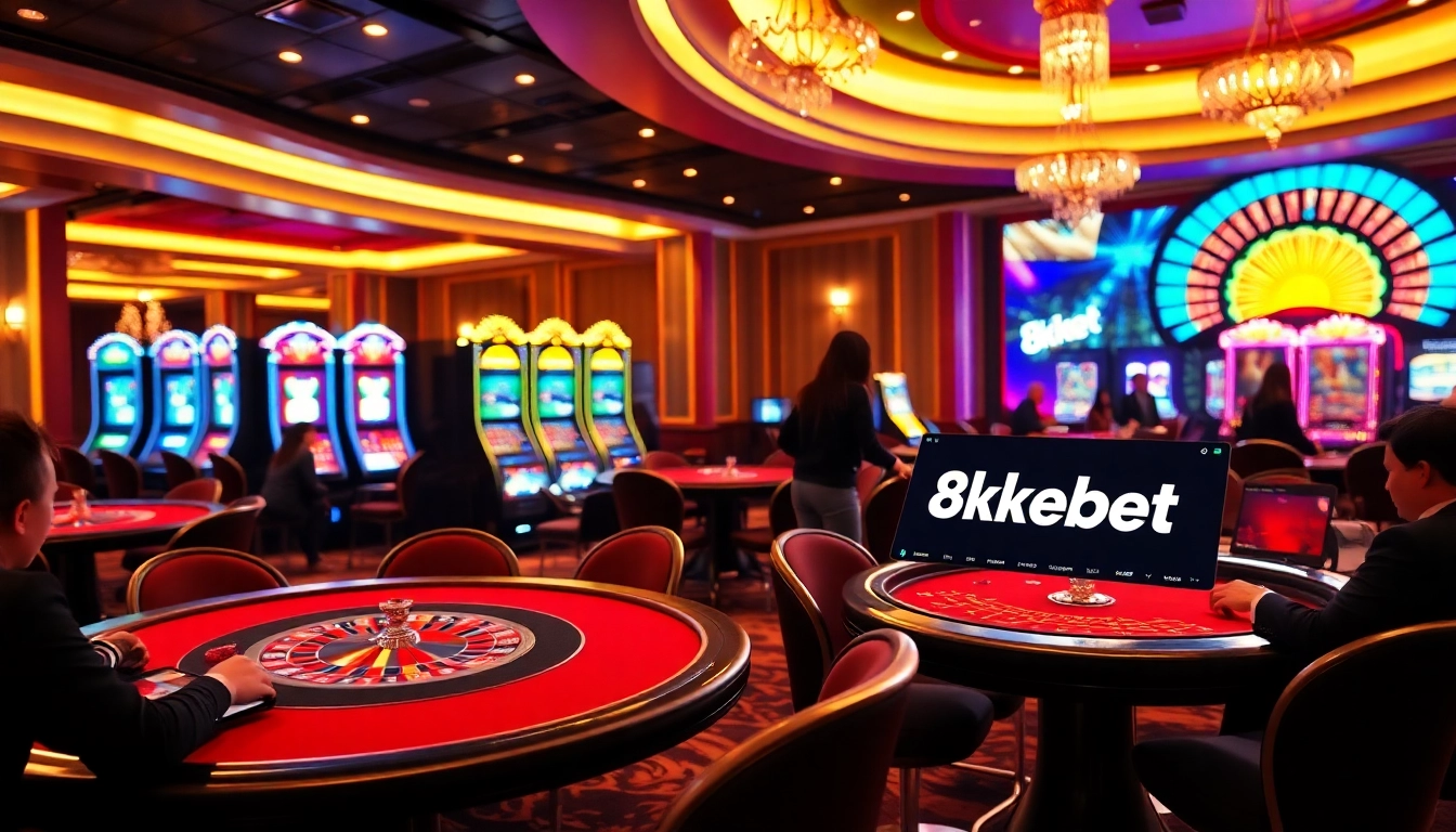 Experience thrilling gaming at 8kbet with vibrant casino tables and luxurious slot machines.