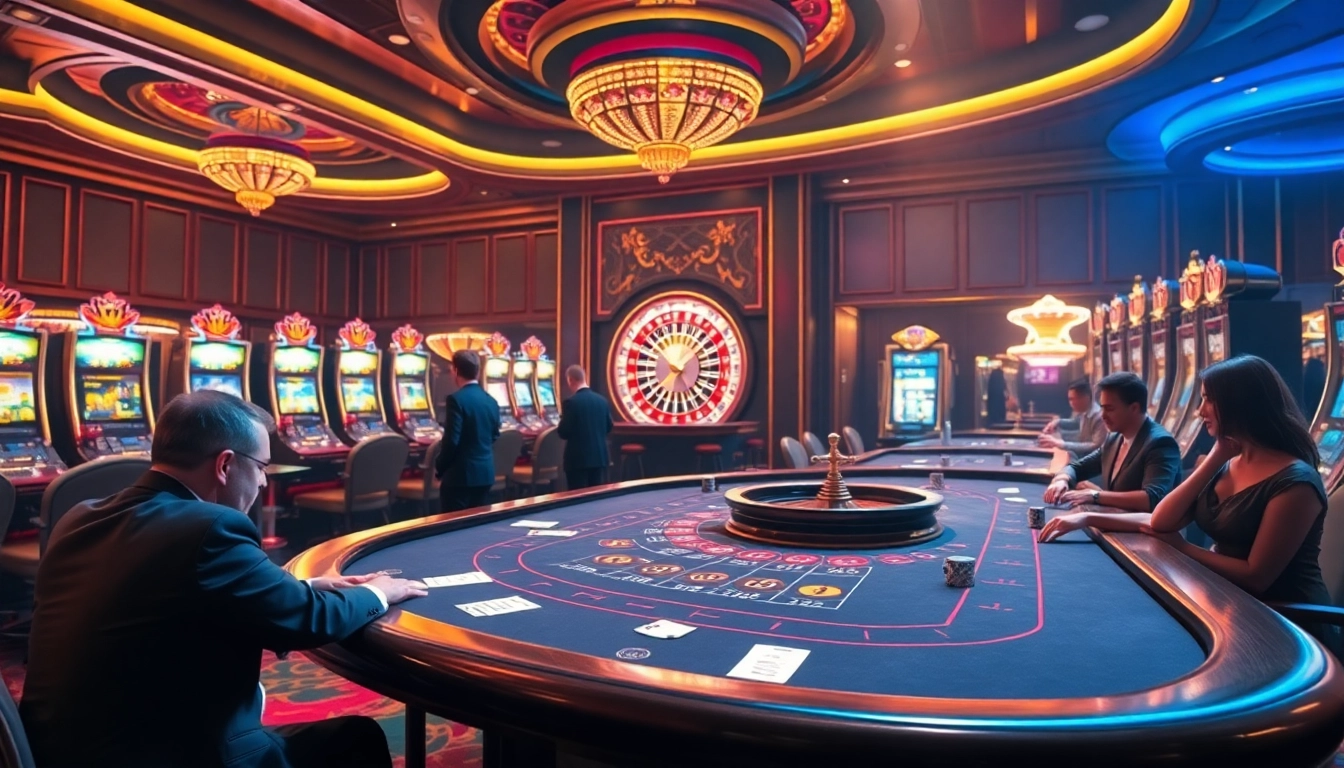 XIN88 - Engage in thrilling casino activities with players at https://xin88.icu/ surrounded by opulent tables and vibrant neon lights.