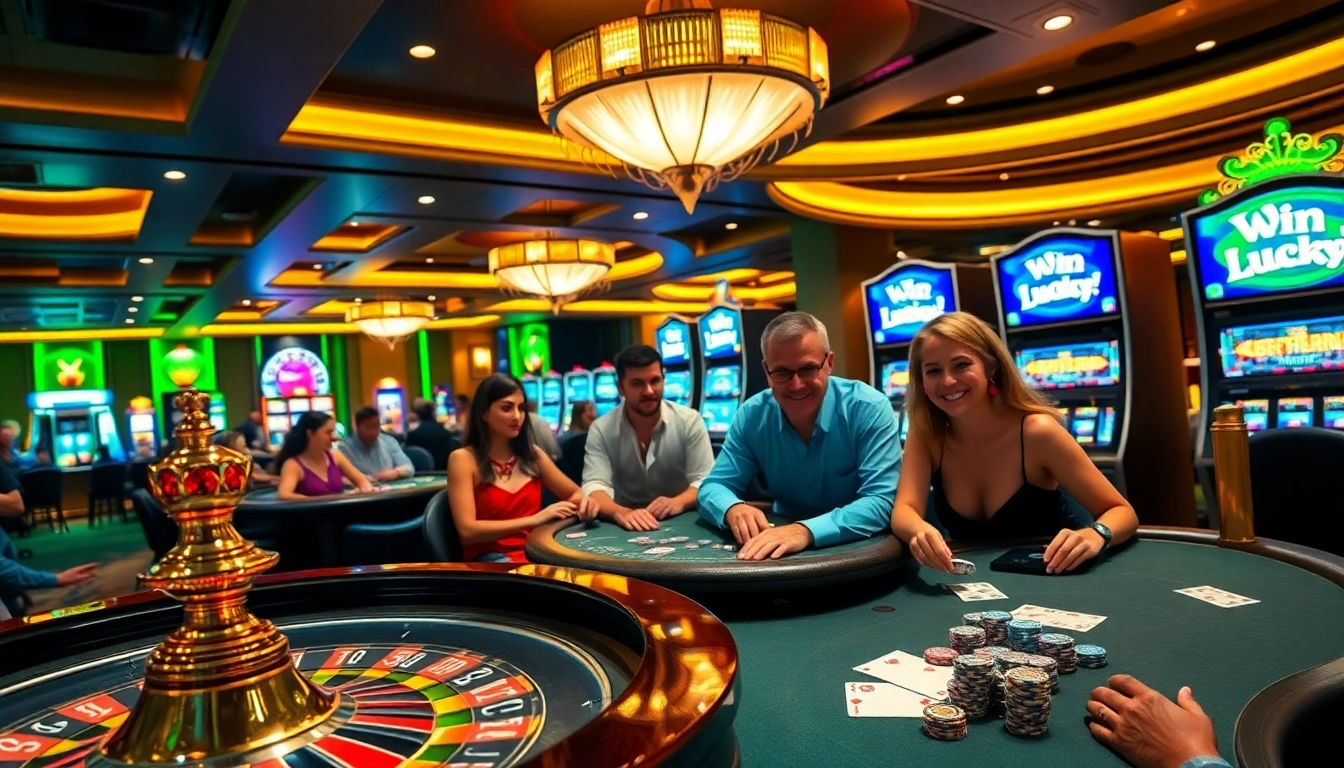 Spin vibrant roulette wheels and cards to win lucky rewards in a bustling casino.