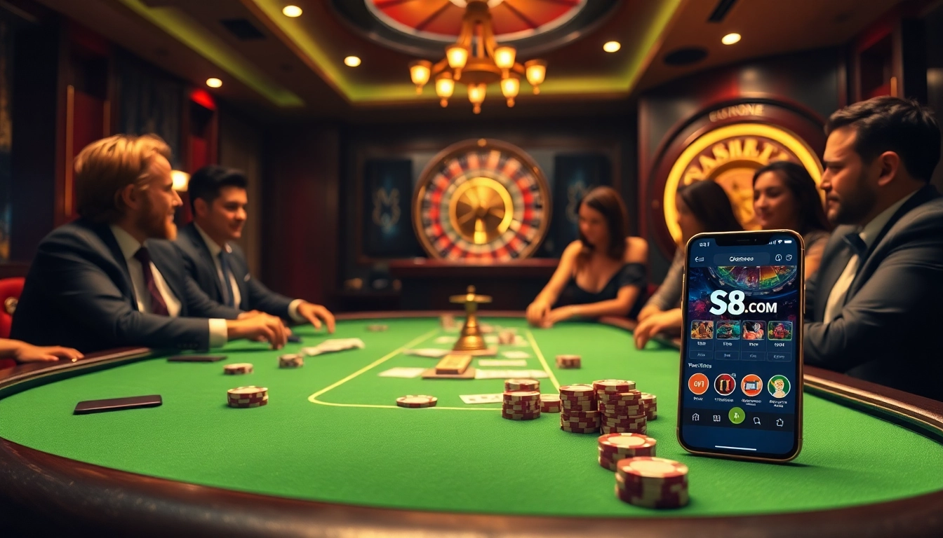 Experience thrilling gameplay at S8.COM with an elegant casino table filled with poker chips.