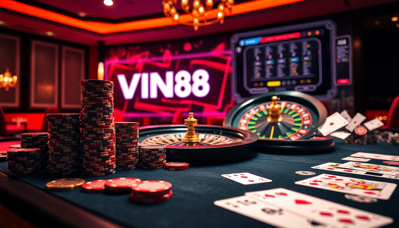 Experience the excitement at VIN88 casino with vibrant tables, poker chips, and roulette wheels.