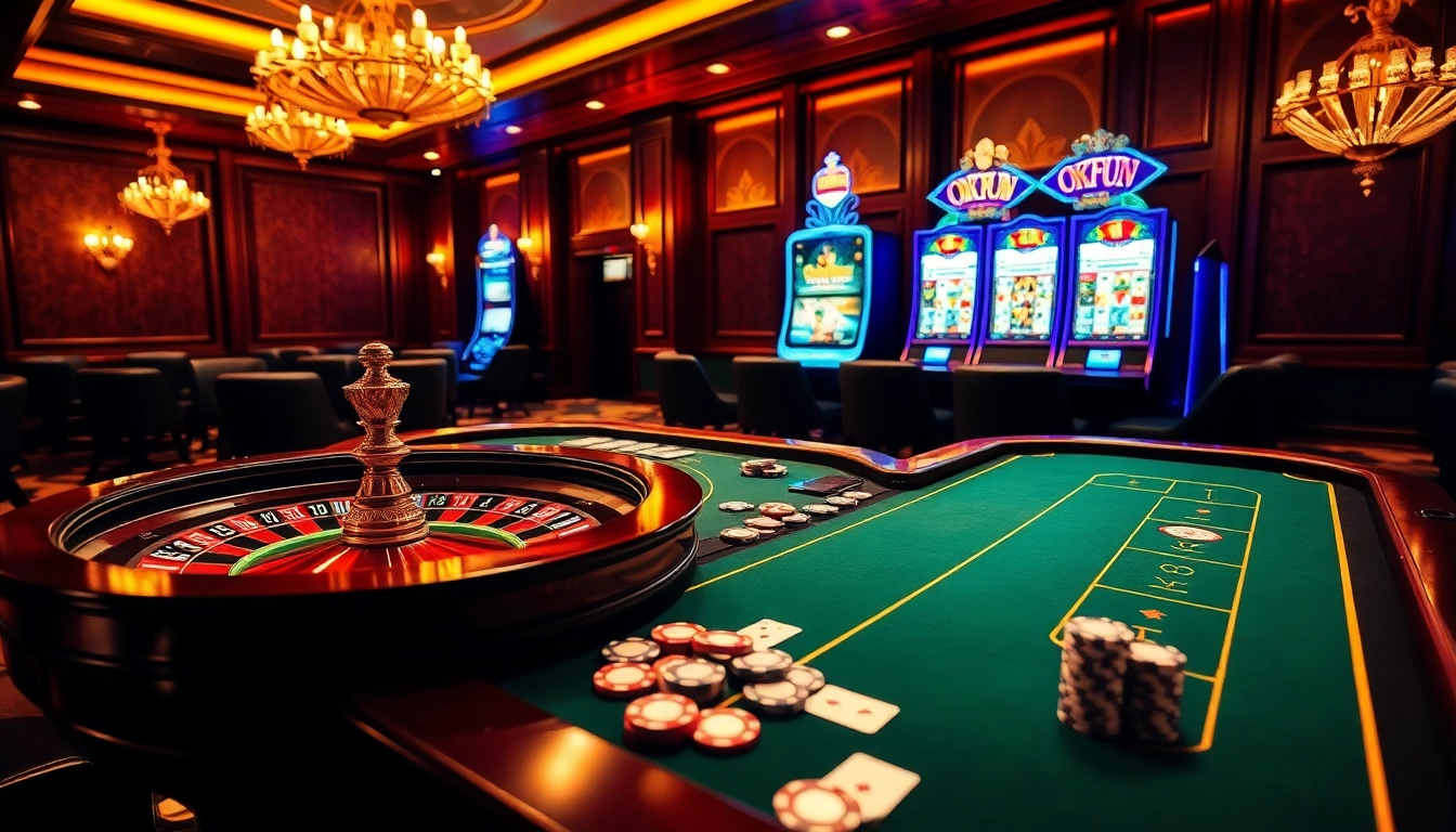 Engaging players at a luxurious casino showcasing OKFUN đăng nhập on a vibrant game table.