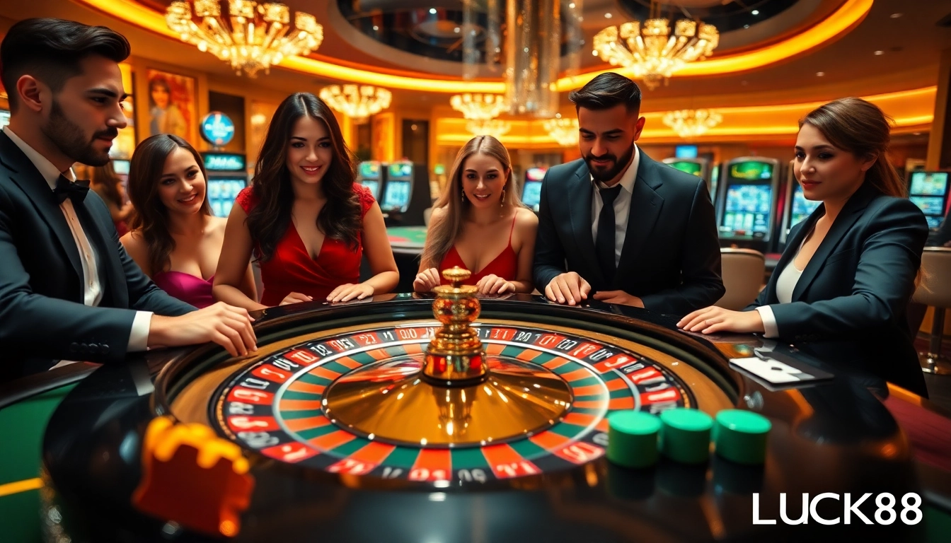 Experience the excitement of LUCK8 casino with players engaged around a roulette wheel.