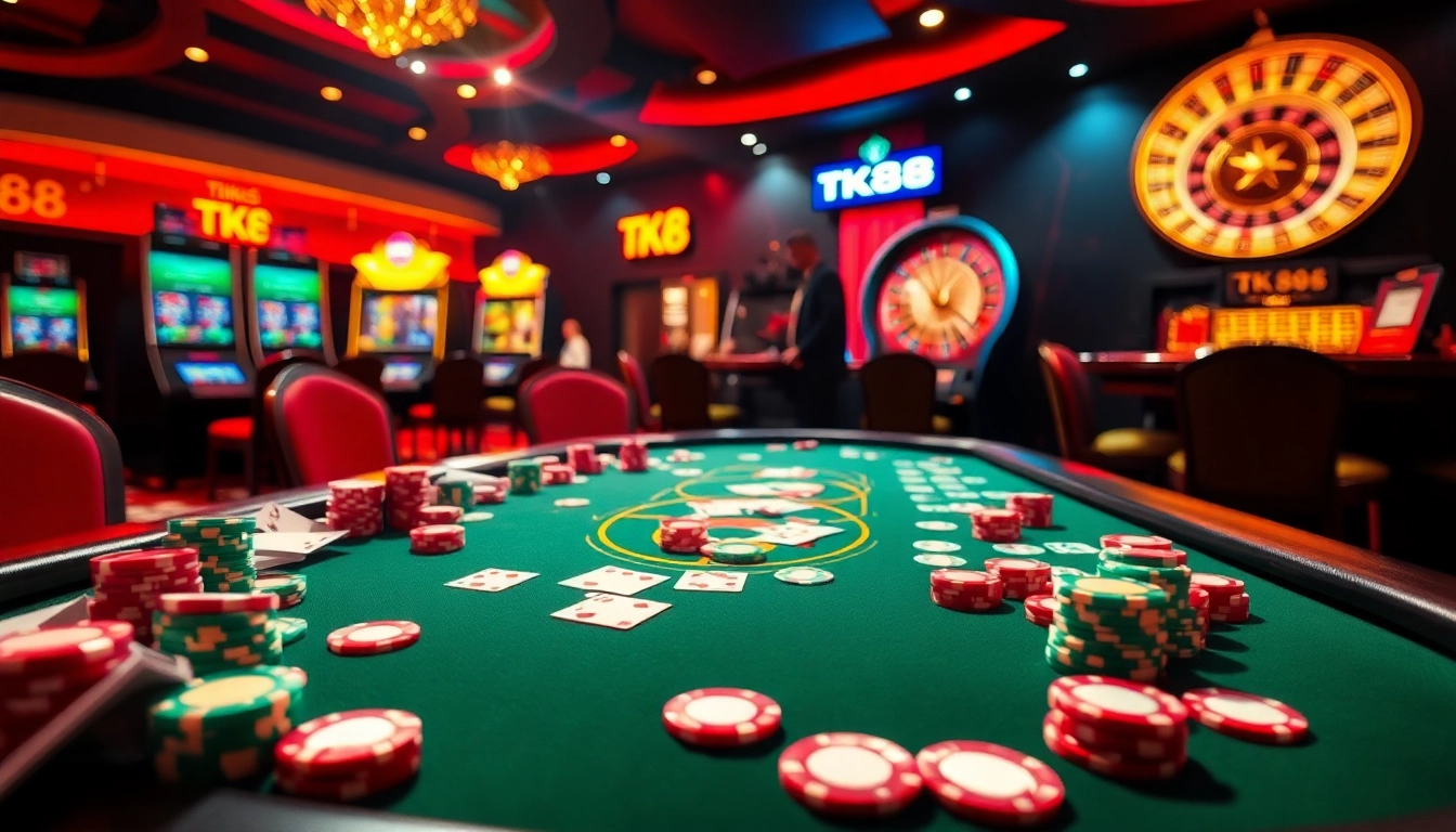 Players engaging in a thrilling poker game at TK88 casino, surrounded by vibrant slot machines and casino lights.