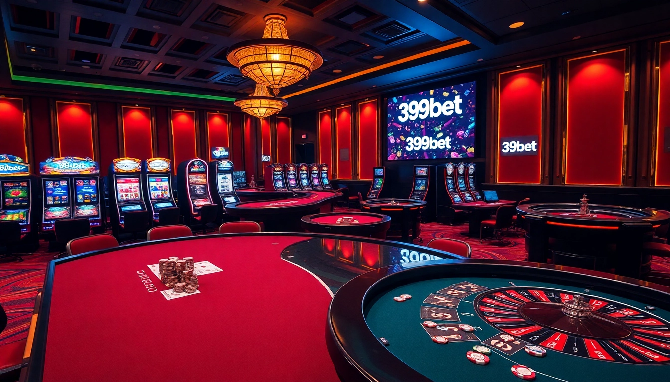 Exciting casino scene with poker chips, slot machines, and the 39bet logo shining brightly.