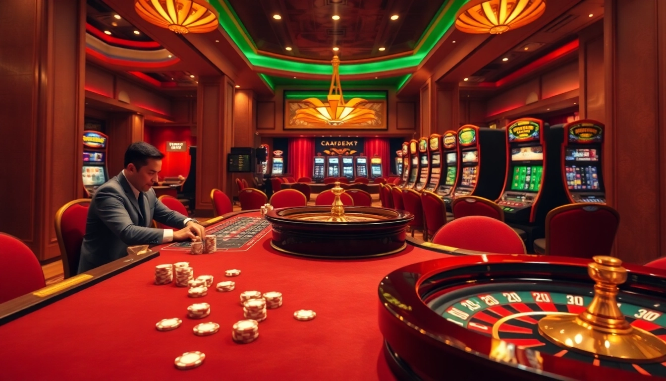 Experience the excitement of N188.com with vibrant casino scenes showcasing games and luxury.