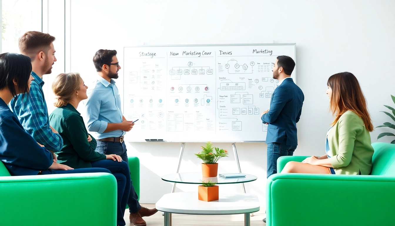 Engaged team providing marketing consultancy services with creativity and strategy in a modern office.