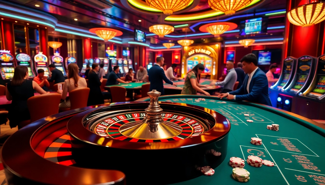 Experience vibrant gaming excitement with fun79 com at a lively poker table surrounded by roulette and slot machines.