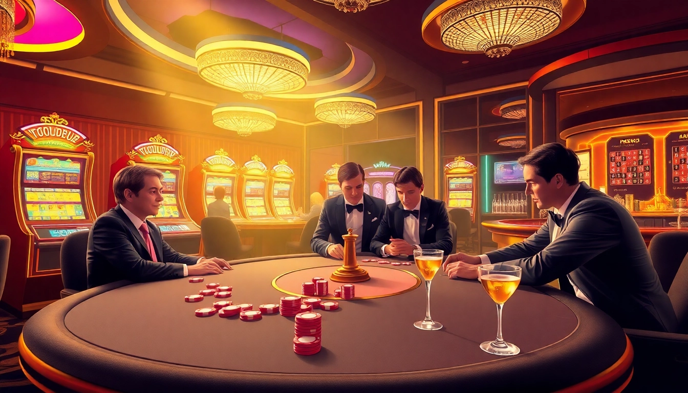 Playing TG 88 poker at an upscale casino table surrounded by vibrant slot machines and roulette wheels.