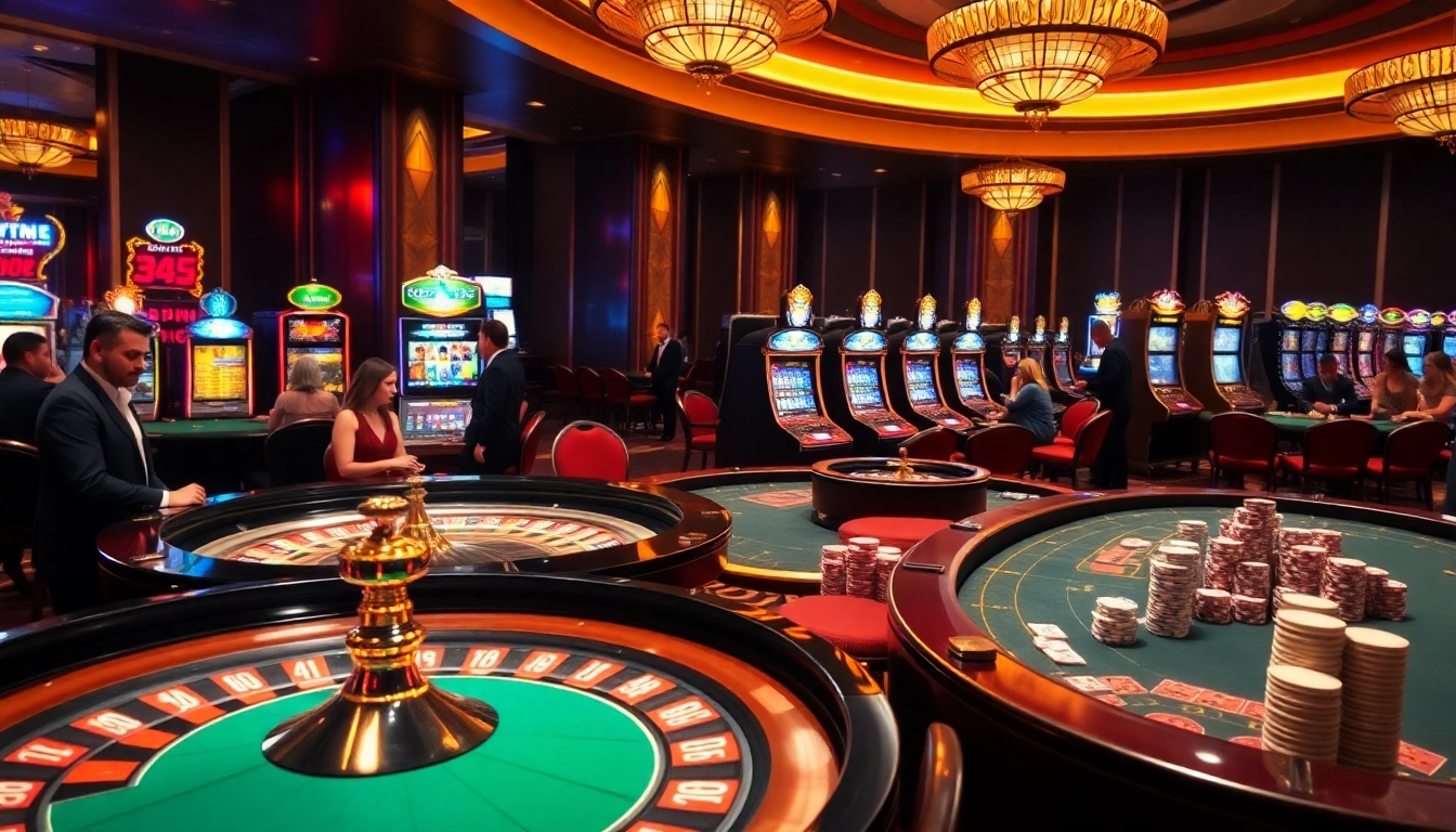 A thrilling casino scene showcasing roulette wheels and poker tables at https://sunwinn.in.net/, capturing excitement and winning moments.
