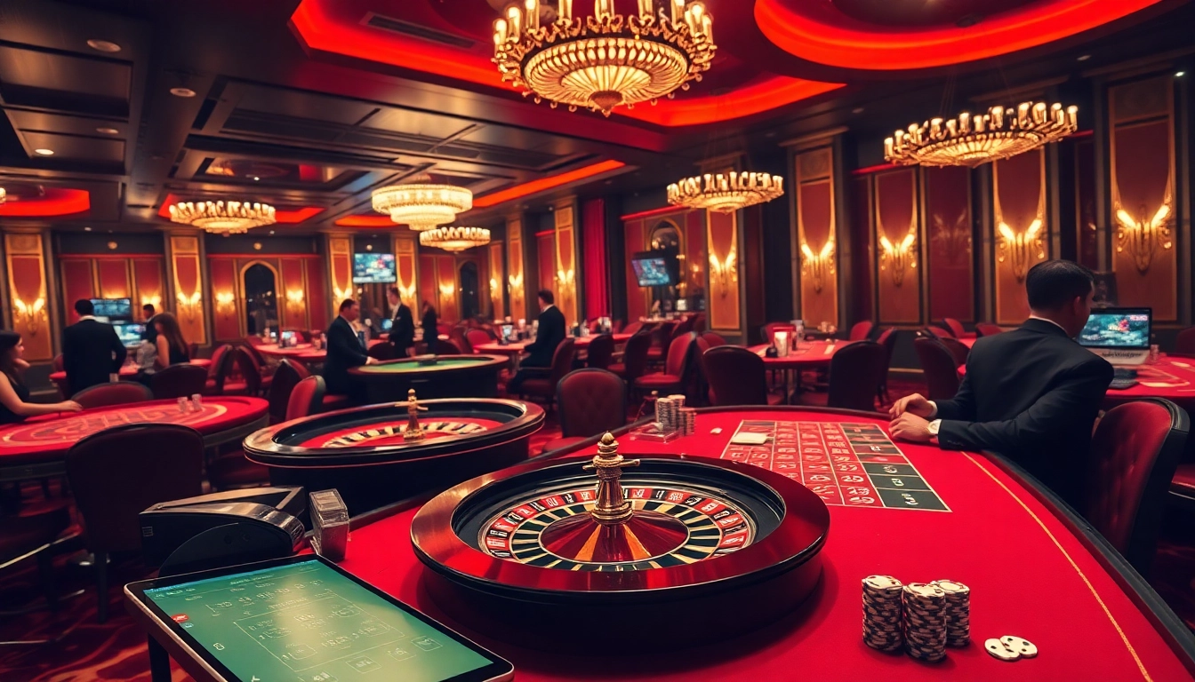 Players enjoying high-stakes poker and roulette at http://fabet0.com/ casino, showcasing luxury and excitement.