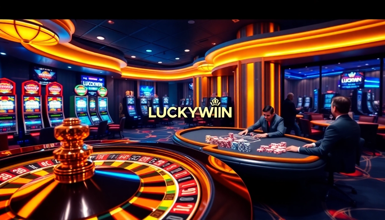 LUCKYWIN gaming experience with exciting slot machines and roulette in a vibrant casino atmosphere.