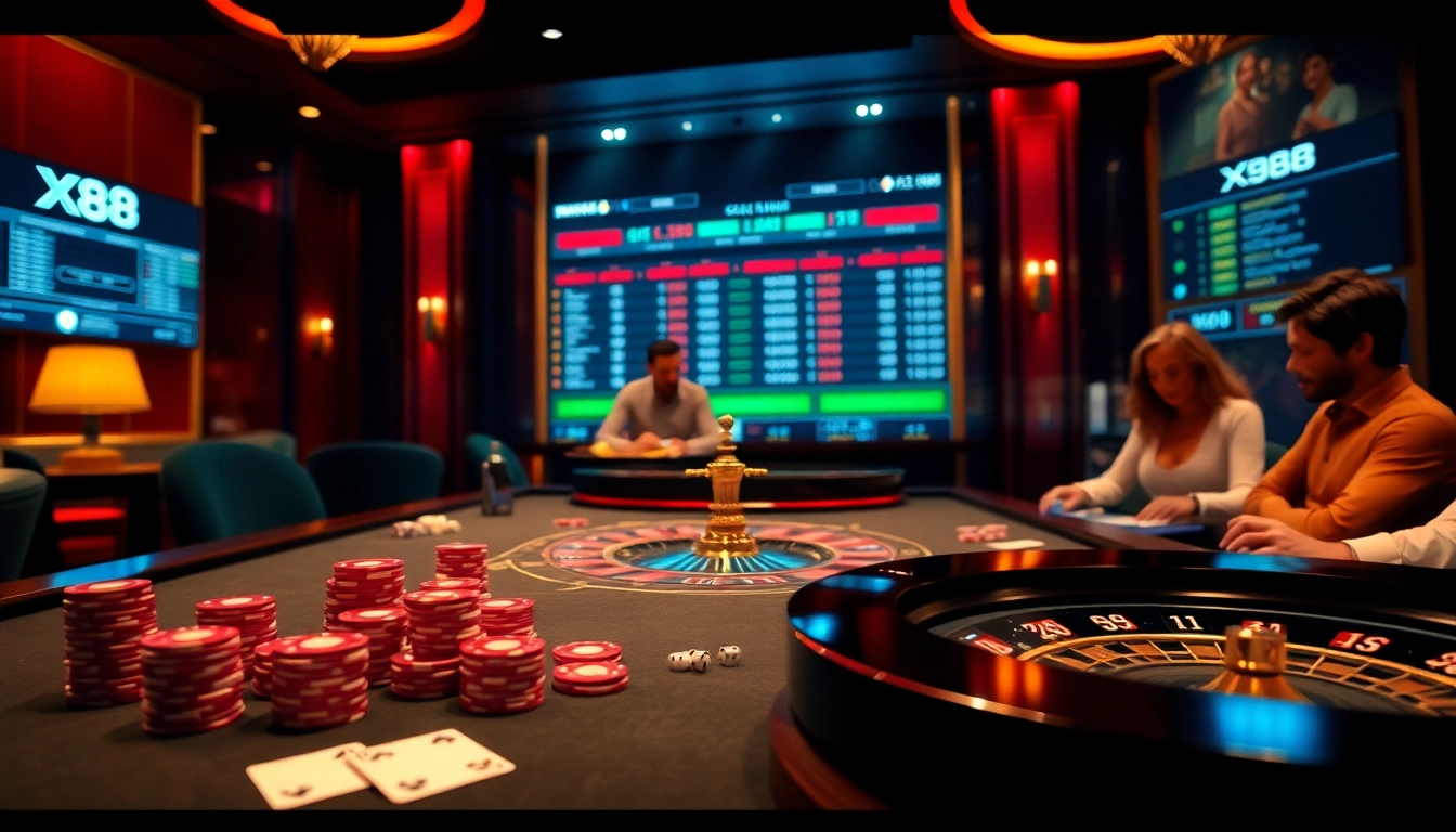X88 players enjoying high-stakes betting at a luxurious casino table.