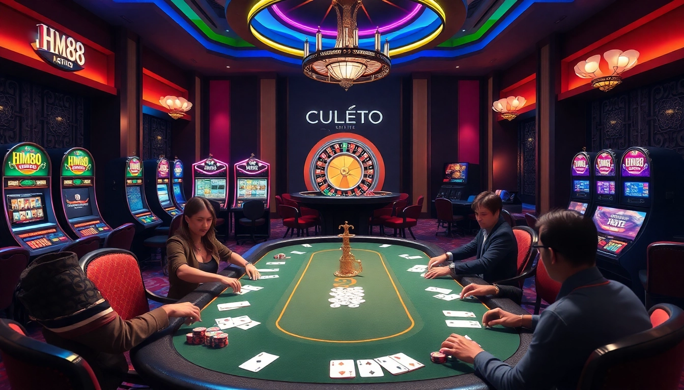 Experience the thrill of gambling at HM88 with vibrant poker tables, chips, and slot machines.