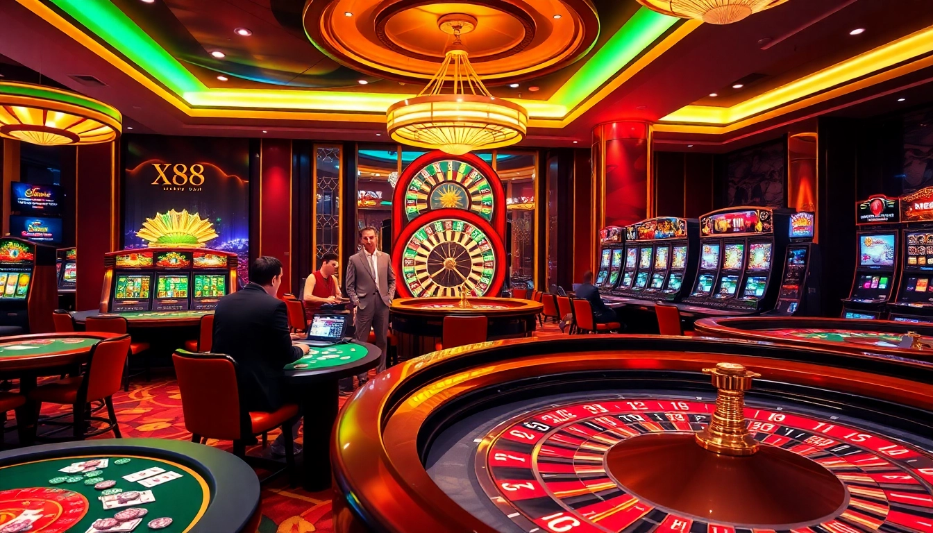 X88.com players enjoying high-stakes casino games at vibrant tables with chips and cards