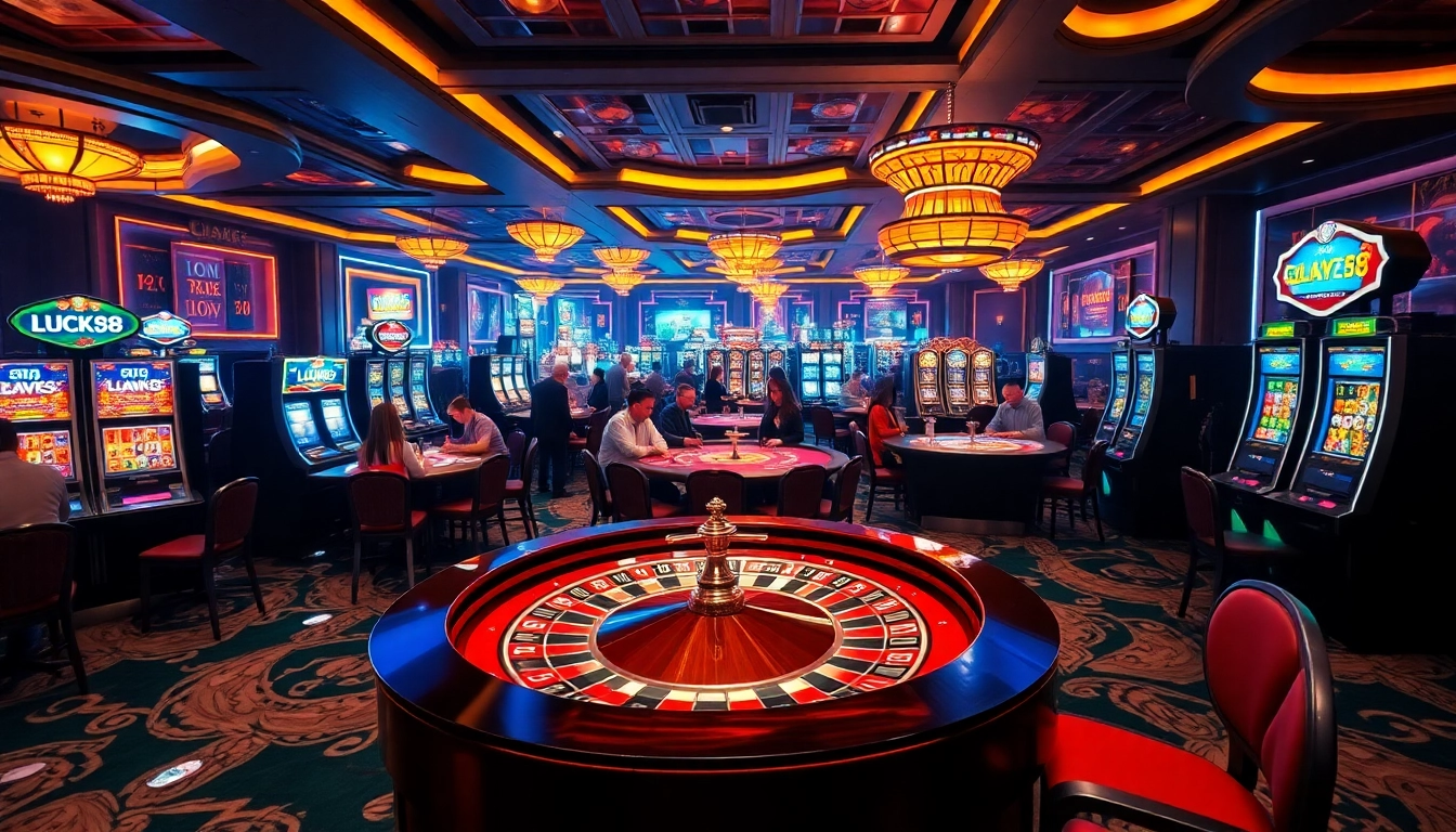 Cảnh casino hấp dẫn có sự tham gia của LUCK8 và LUCKY8 cùng người chơi tại bàn roulette và poker.