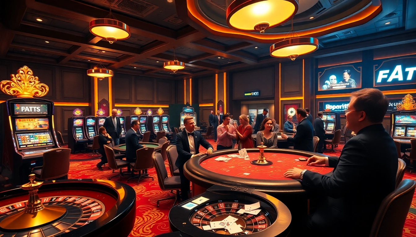 KJC casino scene featuring enthusiastic gamblers at poker tables and glowing slot machines in a luxurious setting.