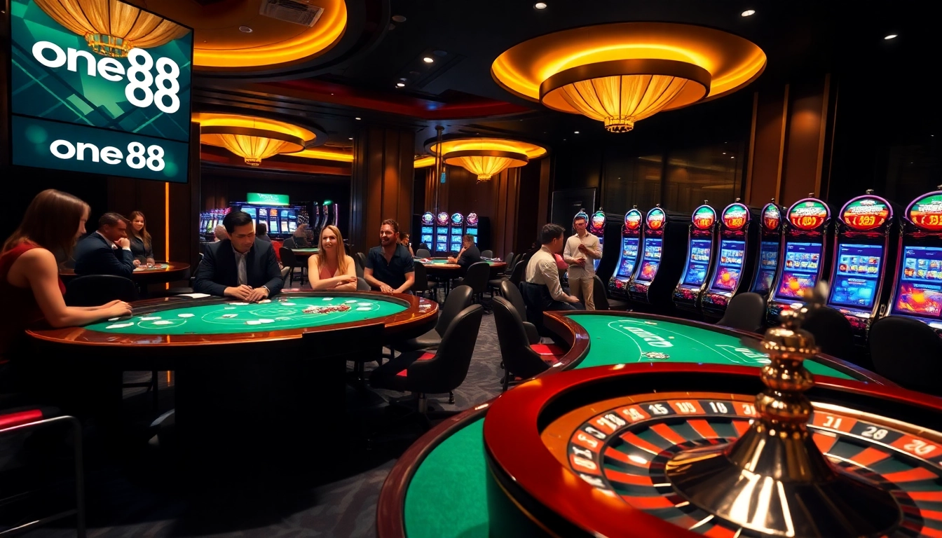 Experience thrilling gameplay at one88 casino, featuring poker tables, roulette wheels, and vibrant slot machines.