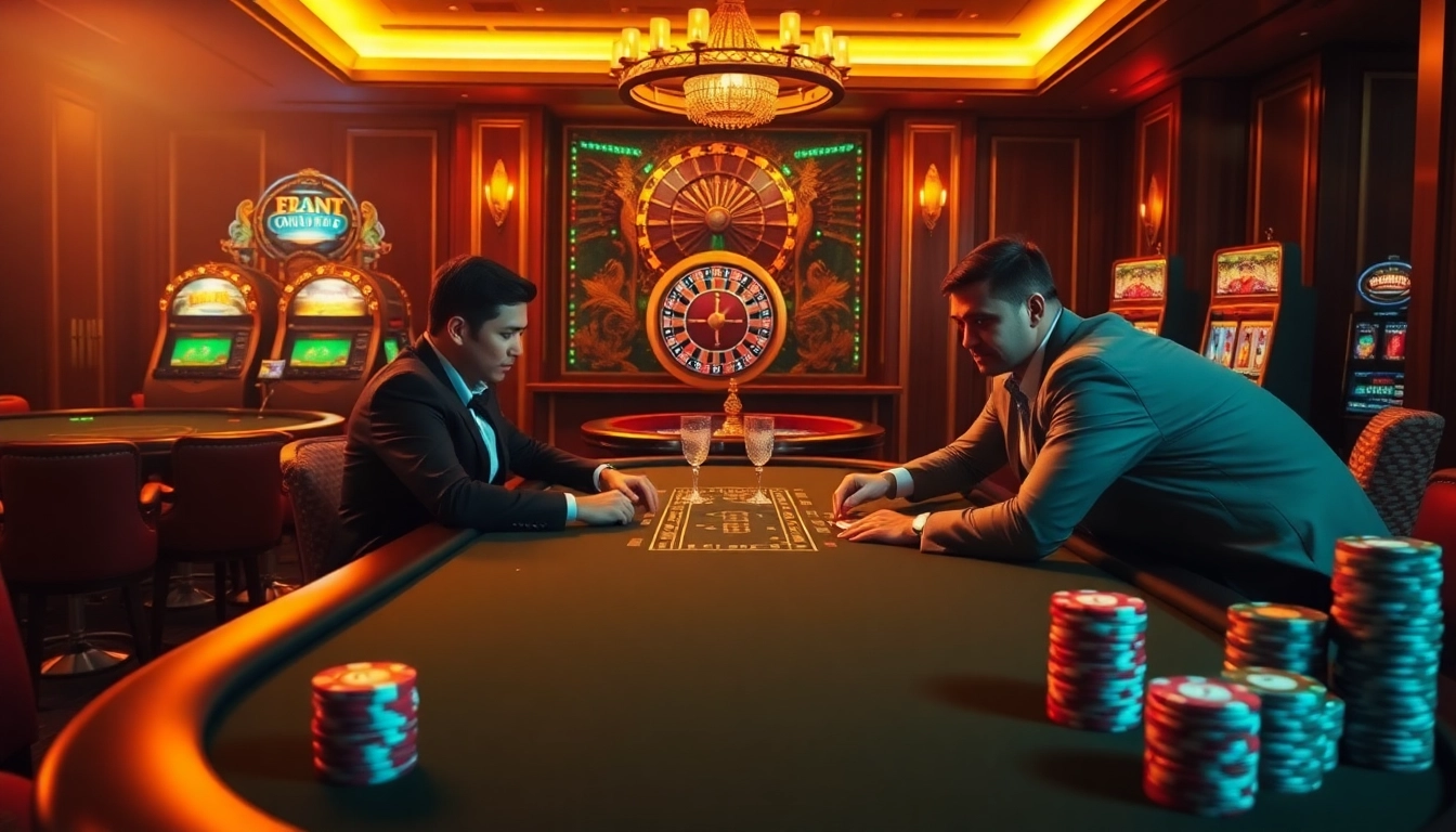 Players strategizing at a poker table, showcasing the thrill of gambling at https://keobongda88.co/ with vibrant casino elements.
