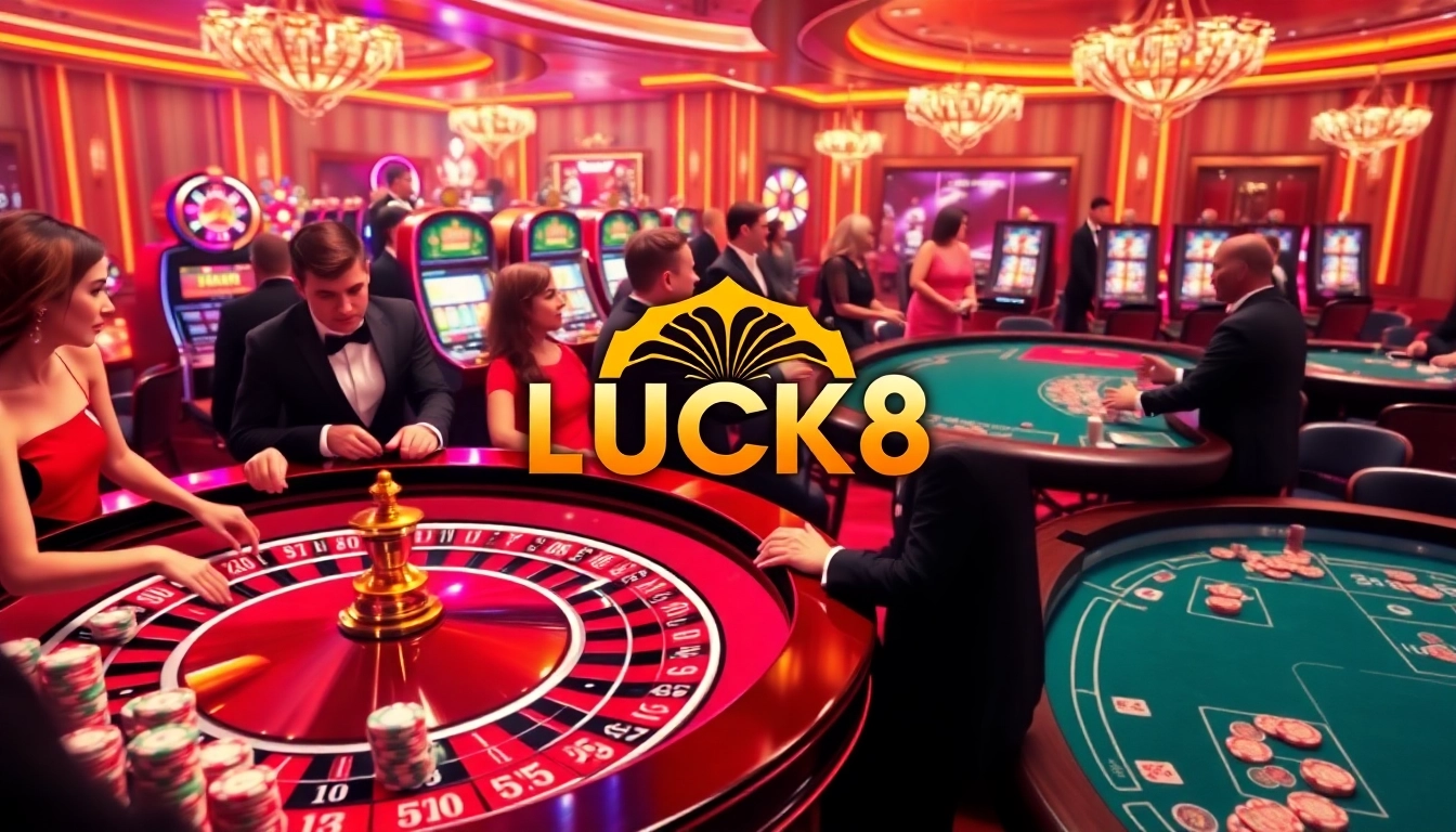 Người chơi đặt cược tại casino LUCK8 sang trọng, thể hiện sự phấn khích và đẳng cấp.