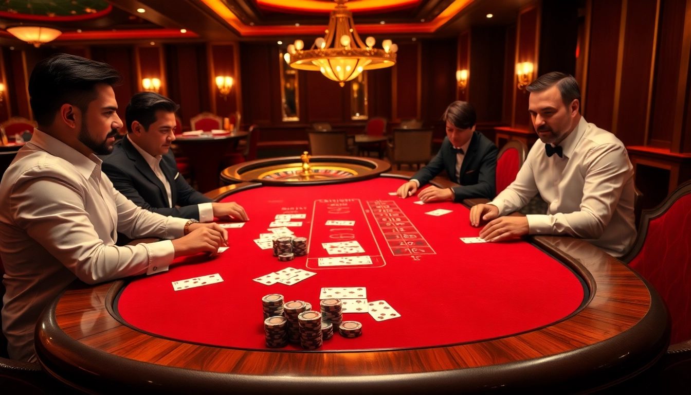 Players enjoying a thrilling game at the Sunwin poker table in a luxurious casino setting.