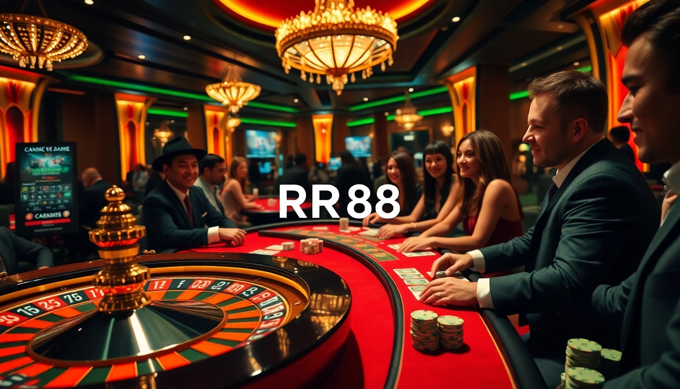 Exciting casino scene featuring RR88 with roulette wheel, poker chips, and players engaged at tables.